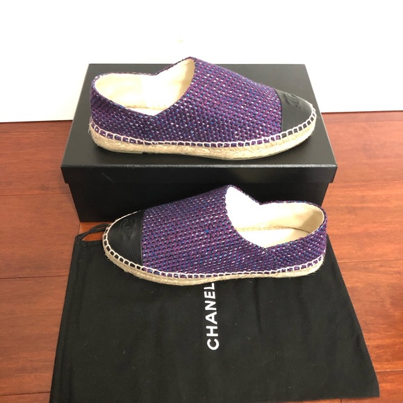 CHANEL Shoes - CHANEL Purple Tweed Espadrille Flats with Black Cap Toe and Jute Sole